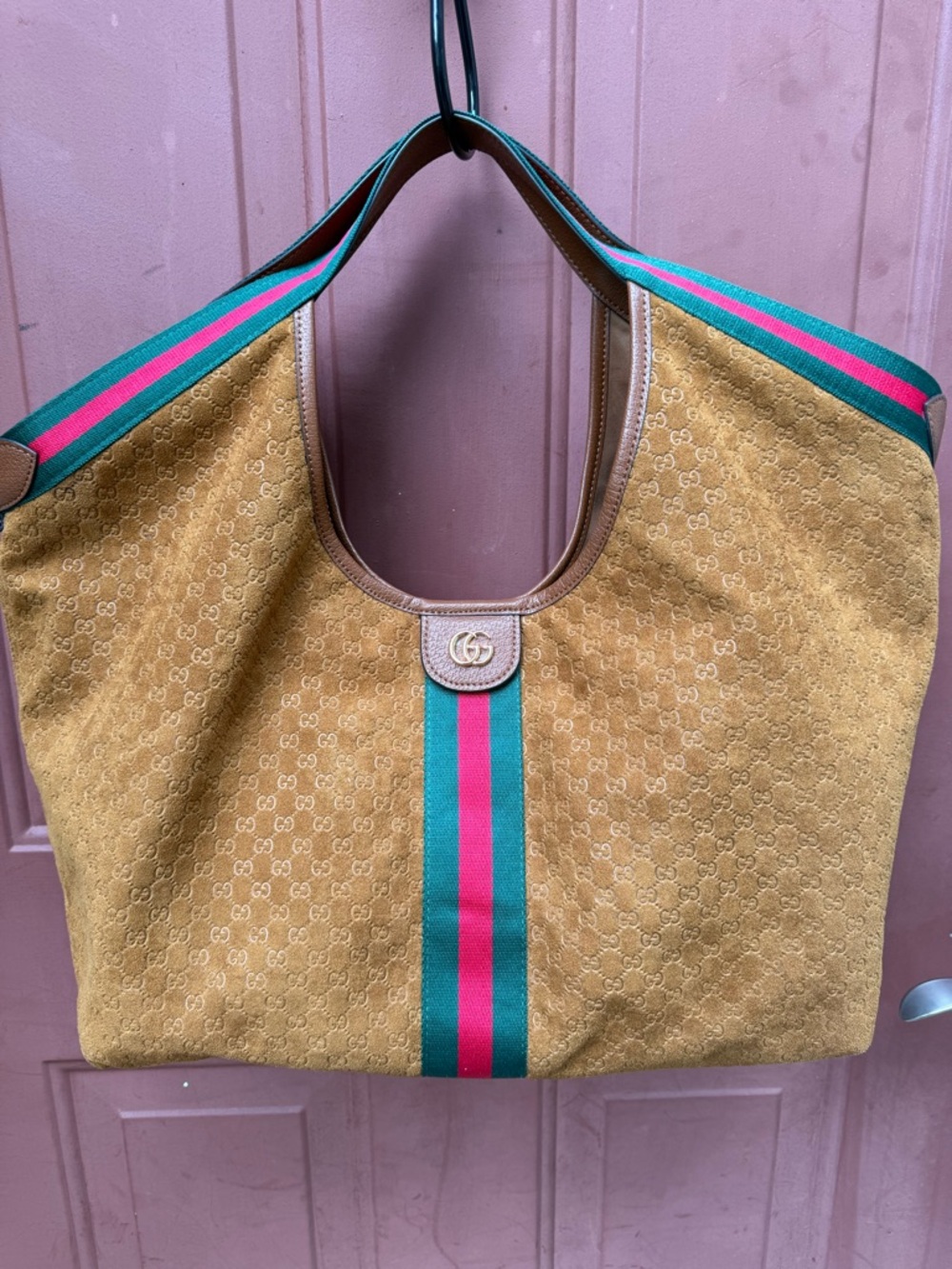 Tan Suede Tote with Green and Red Web Stripe